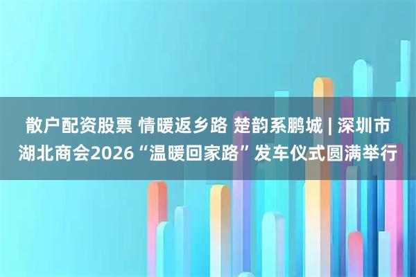 散户配资股票 情暖返乡路 楚韵系鹏城 | 深圳市湖北商会2026“温暖回家路”发车仪式圆满举行
